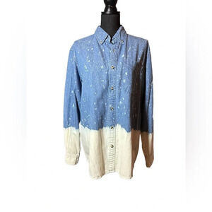 Southern Bliss Denim Button Down Bleach Splatter Shacket Top Medium Western